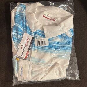 NWT- Grand Slam White and Sky Blue Striped Performance Polo
